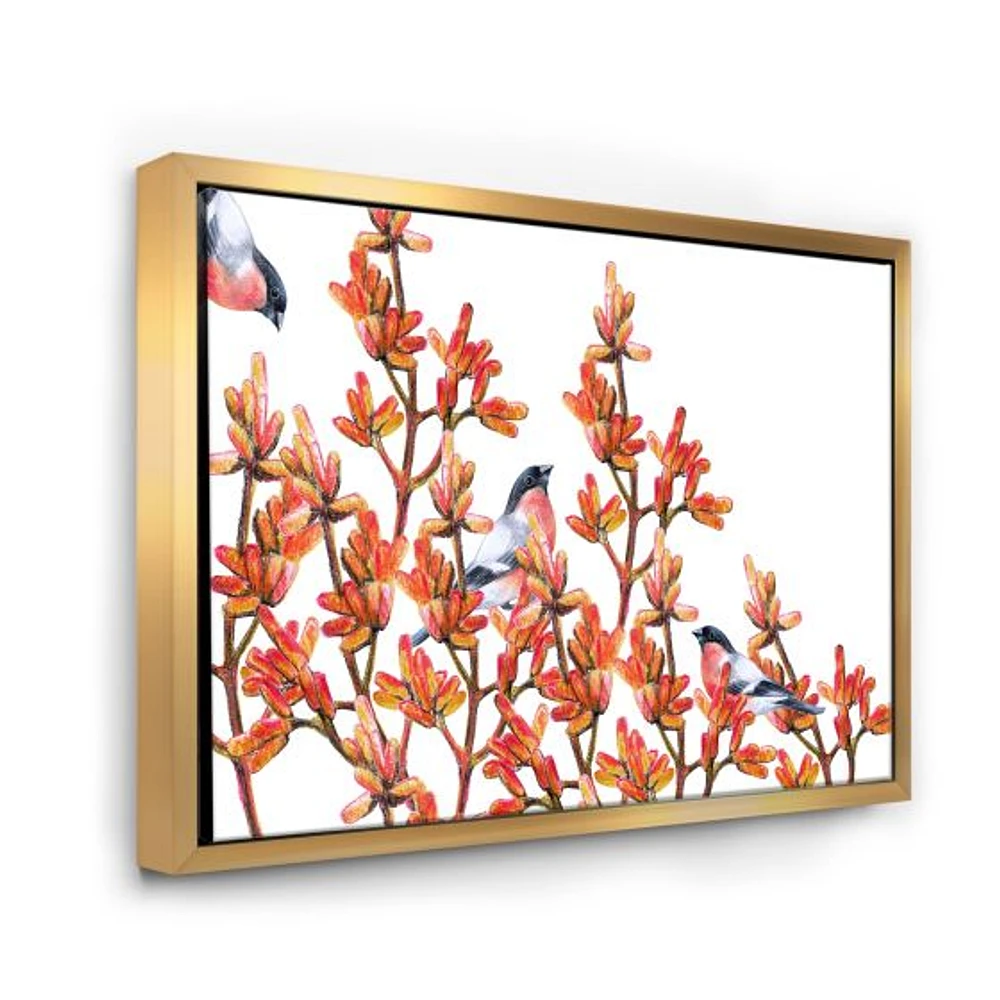 Toile « Flock of Bullfinches Birds on Orange Branches