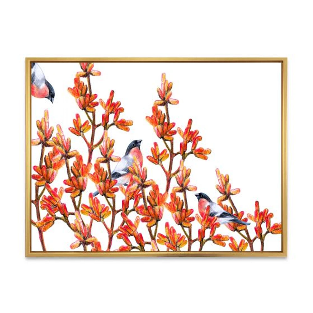 Flock of Bullfinches Birds on Orange Branches Wall Art