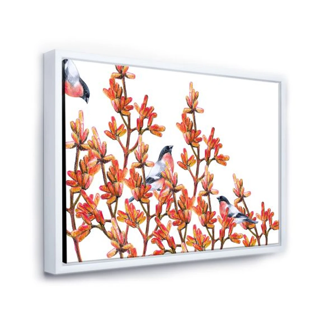 Flock of Bullfinches Birds on Orange Branches Wall Art