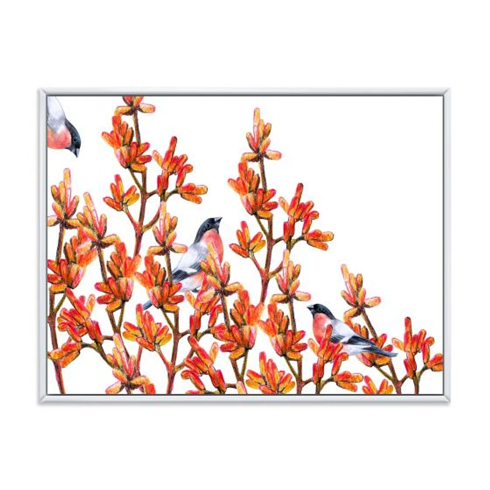 Flock of Bullfinches Birds on Orange Branches Wall Art