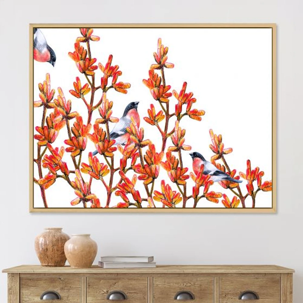 Flock of Bullfinches Birds on Orange Branches Wall Art