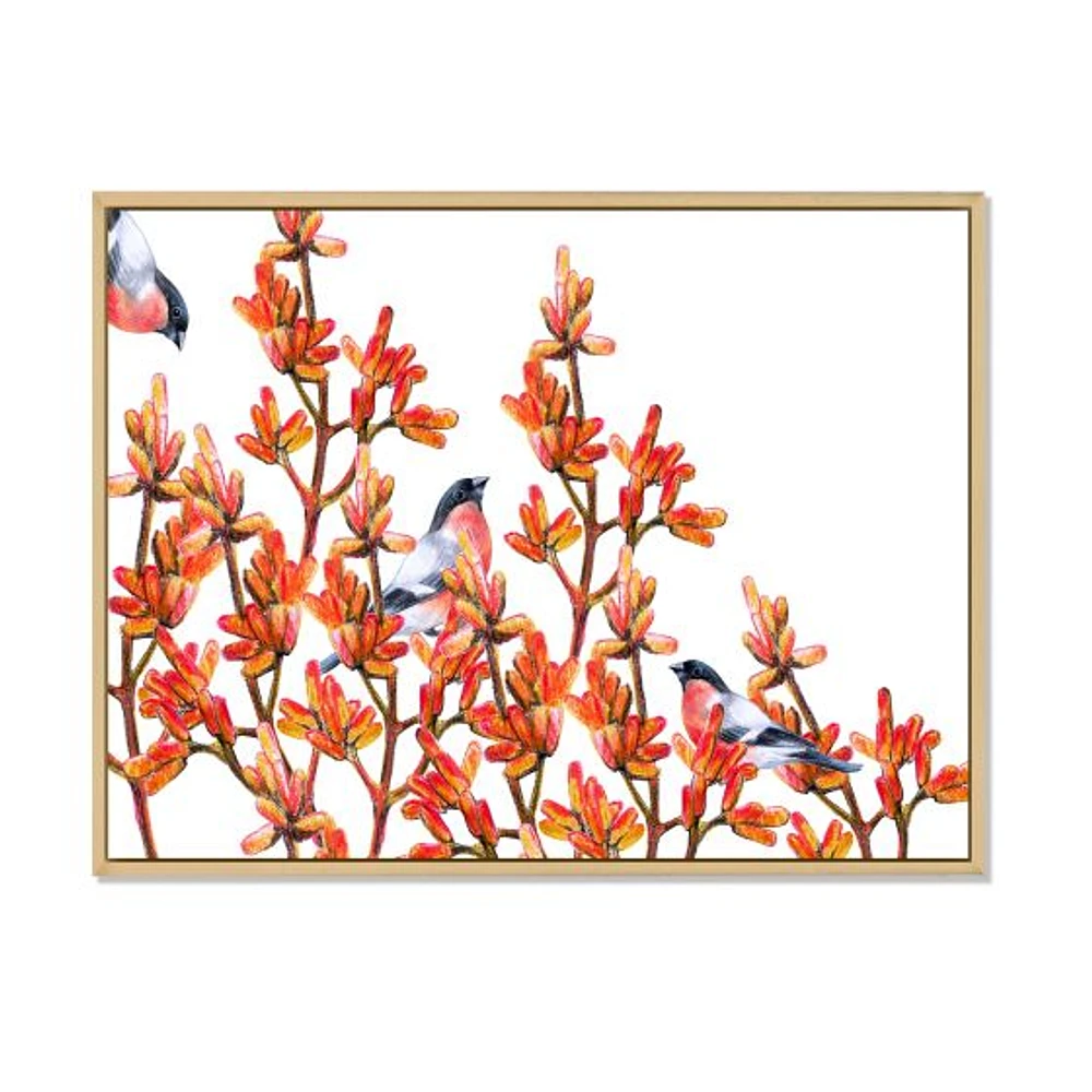 Toile « Flock of Bullfinches Birds on Orange Branches