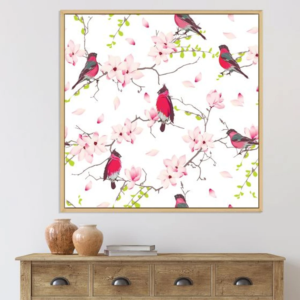 Red Bullfinches on Magnolia Tree  Wall Art