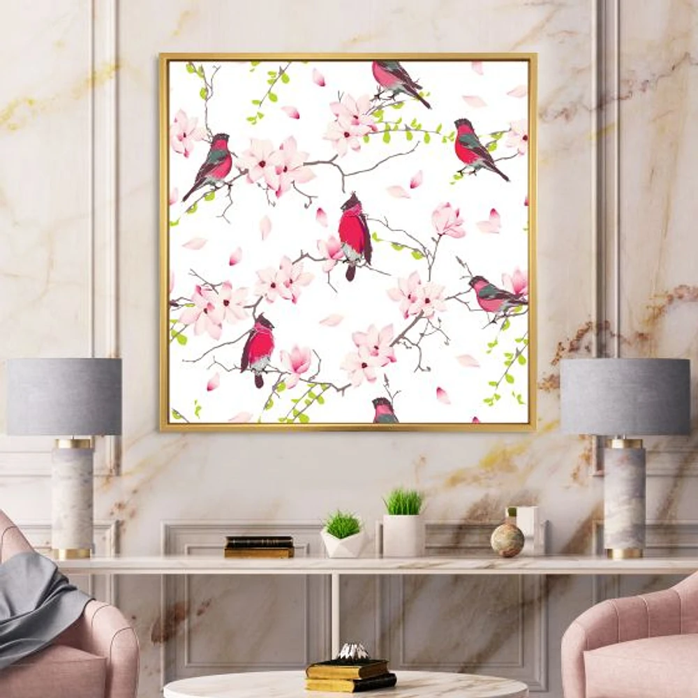 Toile « Red Bullfinches on Magnolia Tree