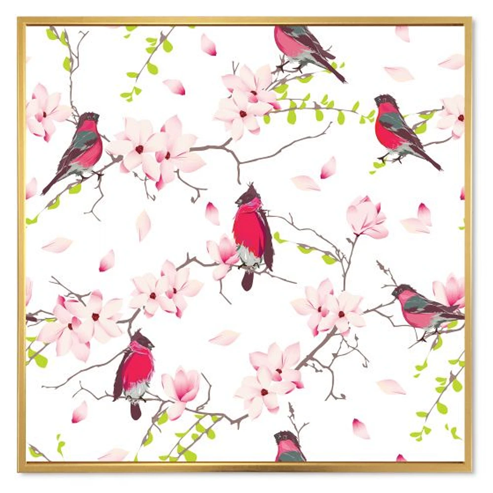 Red Bullfinches on Magnolia Tree  Wall Art