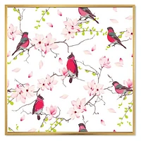 Toile « Red Bullfinches on Magnolia Tree