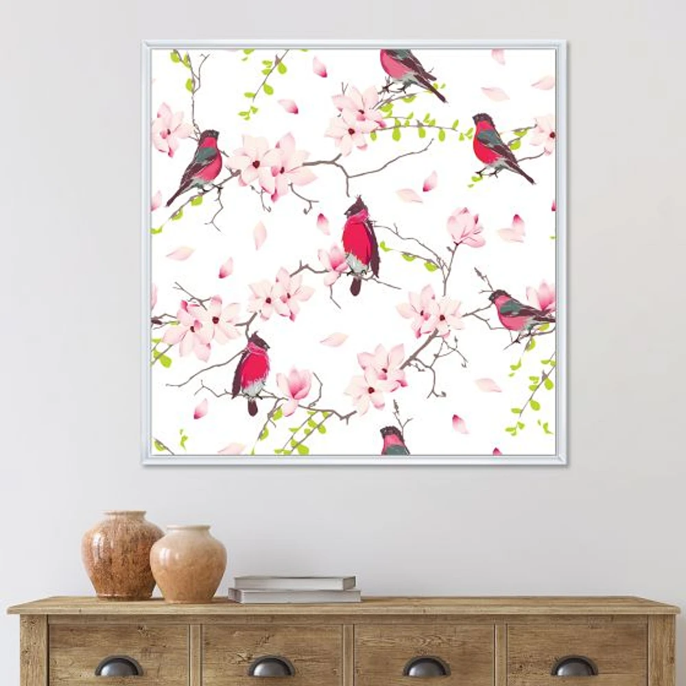 Toile « Red Bullfinches on Magnolia Tree