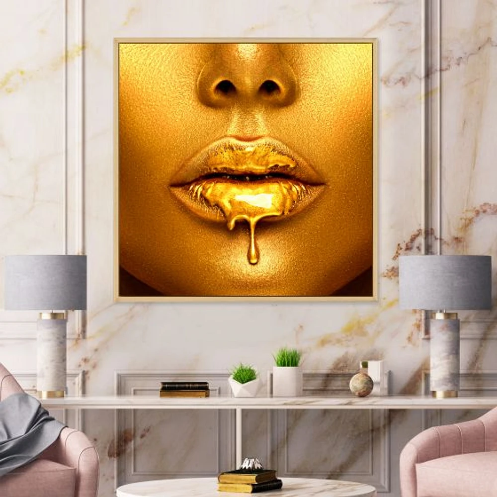 Gold Paint Drips From Sexy Woman Lips  Wall Art