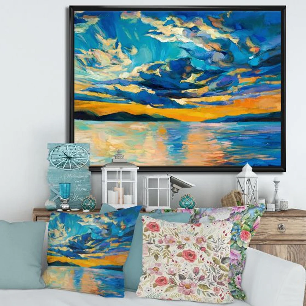 Cloudy Wide Open Sunset Over Ocean Horizon  Wall Art