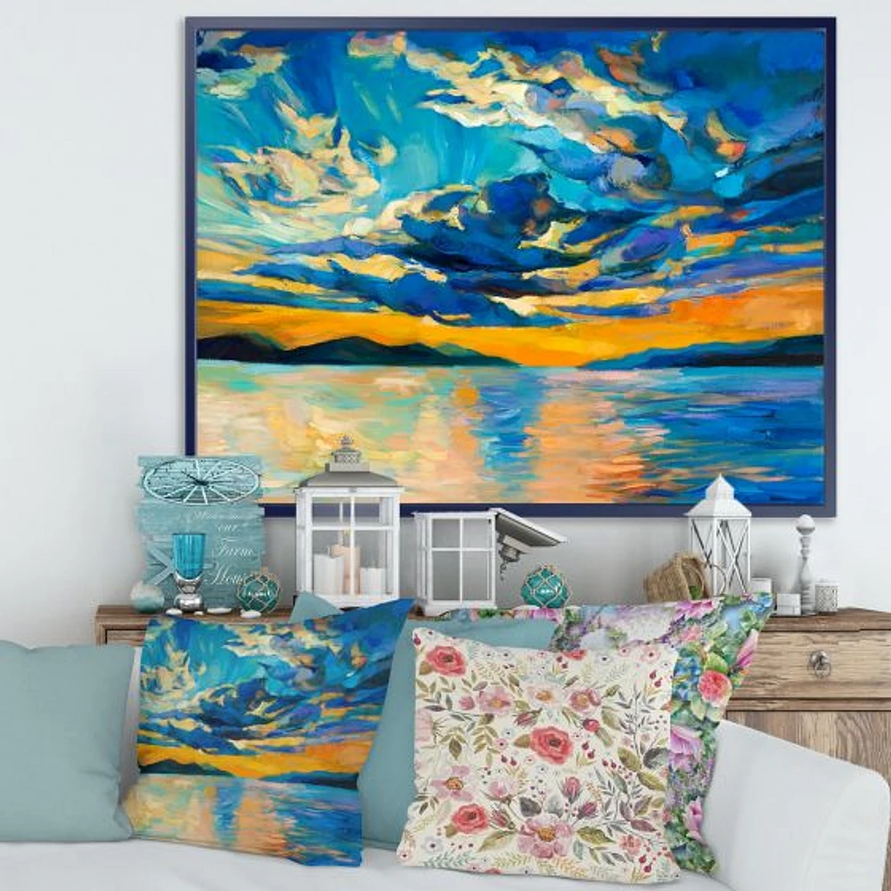 Cloudy Wide Open Sunset Over Ocean Horizon  Wall Art