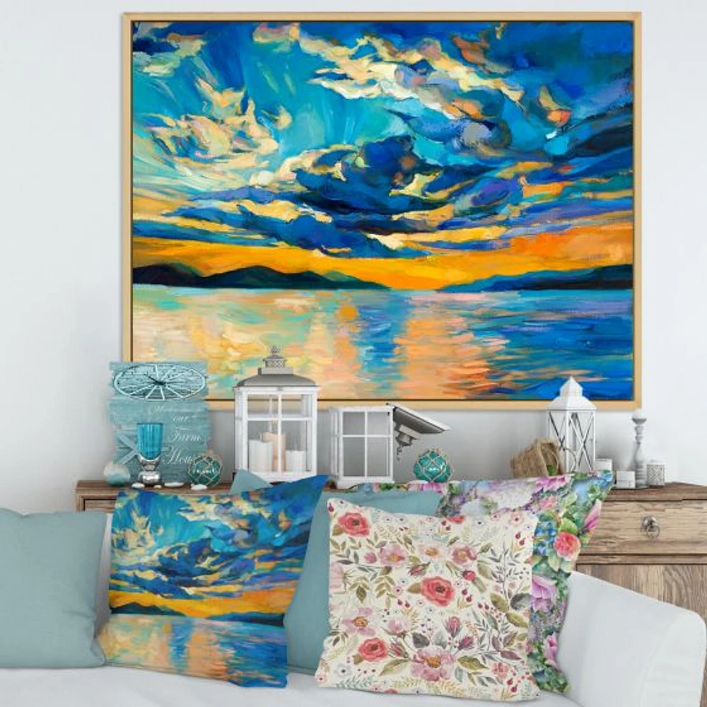 Cloudy Wide Open Sunset Over Ocean Horizon  Wall Art