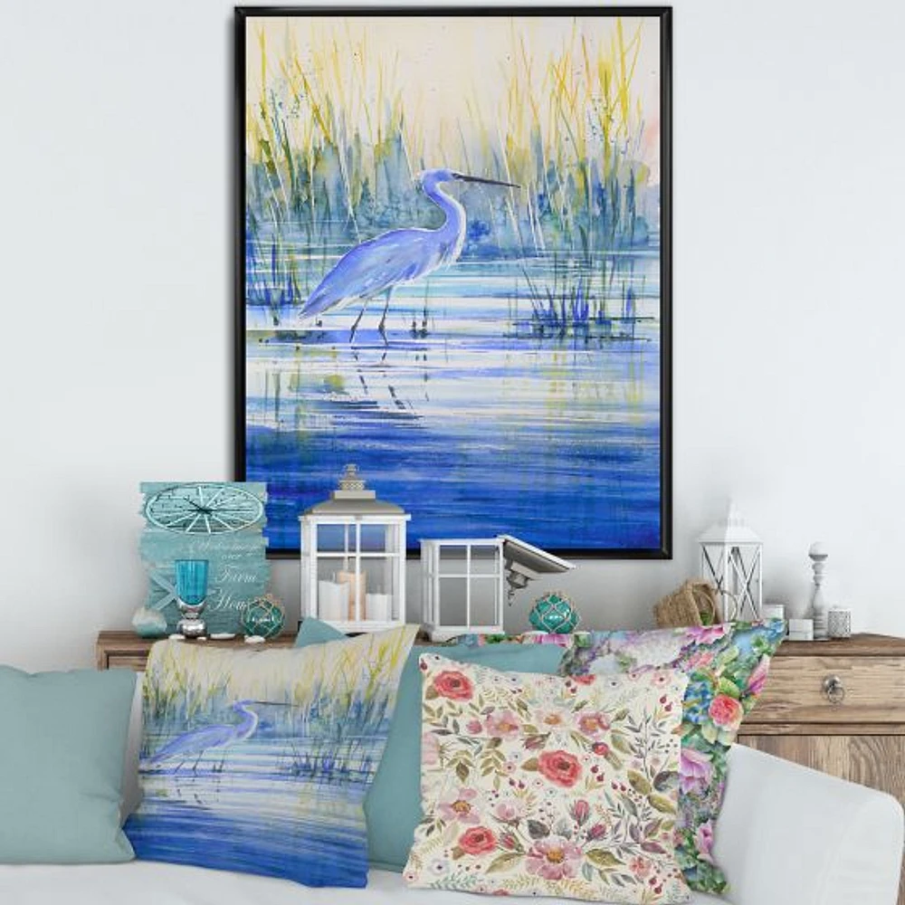 Blue Heron on The Lake Shore At Sunset  Canvas Wall Art Print