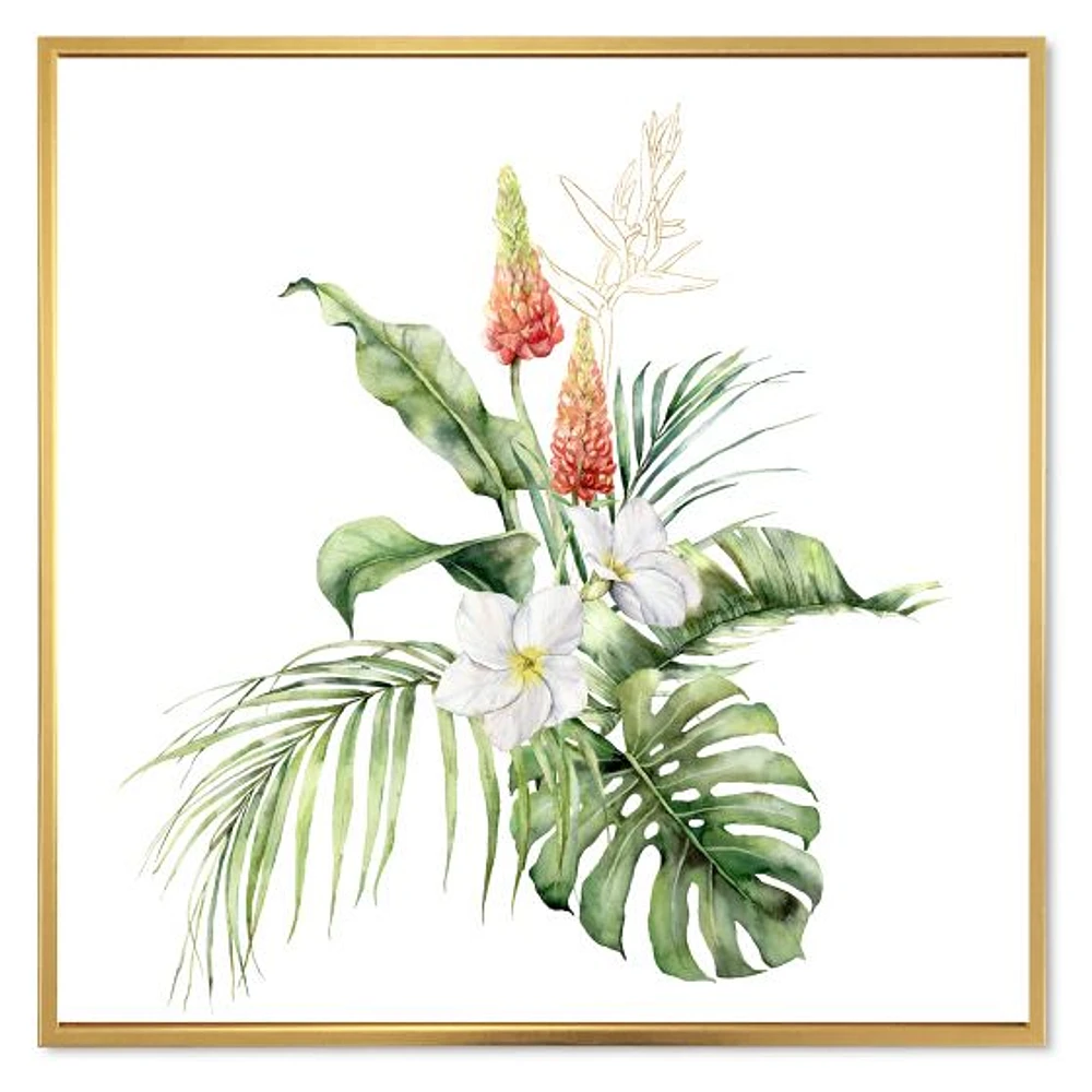 Toile imprimée « Tropical Bouquet with Lupine Plumeria Palm Leaves »