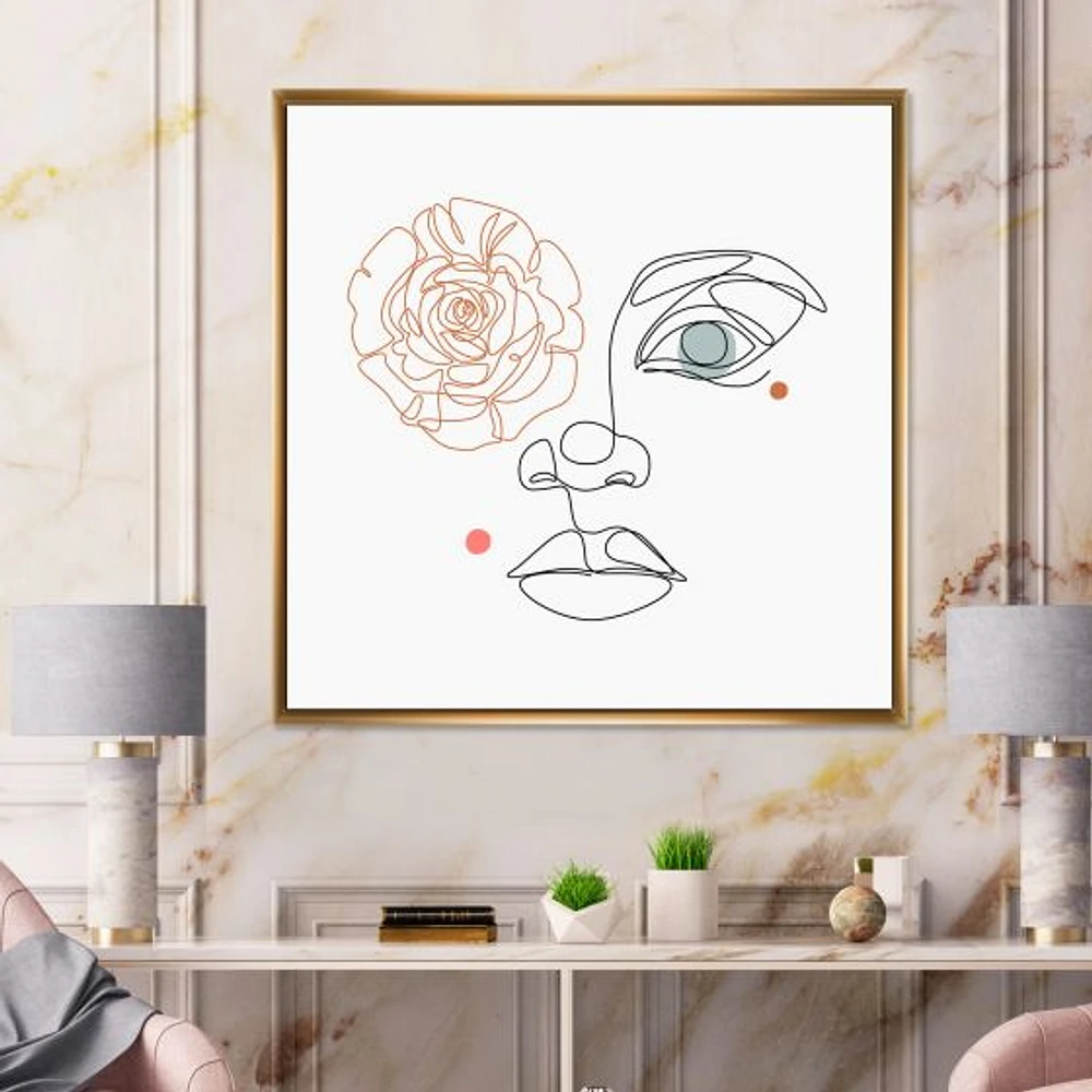 Female Face one Line Drawing with Minimal Shapes Canvas Wall Art Print