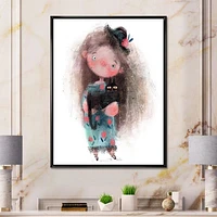 Cute Little Girl with Hat and Black Cat  Canvas Wall Art Print