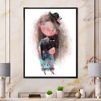 Toile imprimée « Cute Little Girl with Hat and Black Cat »