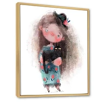 Cute Little Girl with Hat and Black Cat  Canvas Wall Art Print