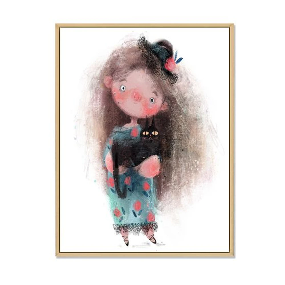 Cute Little Girl with Hat and Black Cat  Canvas Wall Art Print