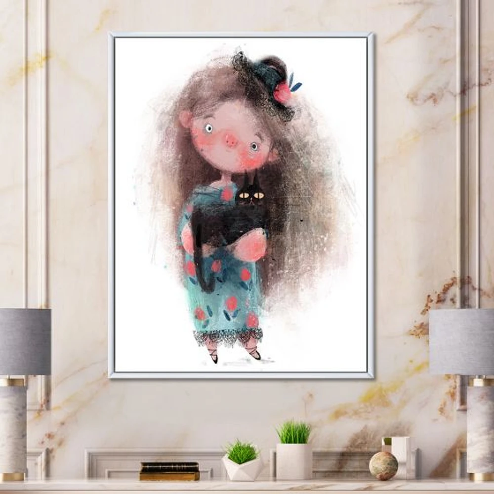 Cute Little Girl with Hat and Black Cat  Canvas Wall Art Print