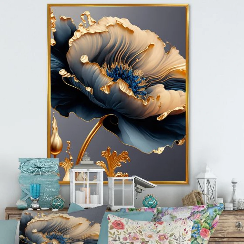 Deep Blue And Gold Single Flower VI Wall Art