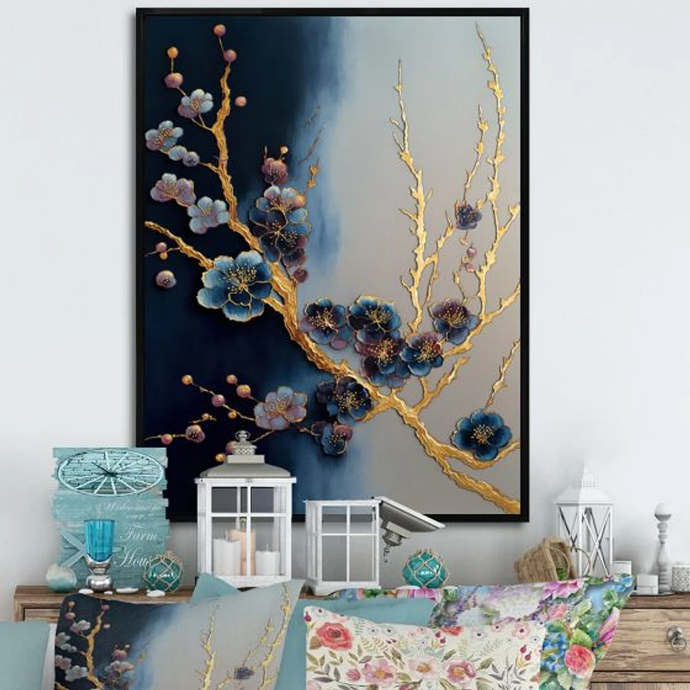 Blue and Gold Cherry Blossom Branch Wall Art