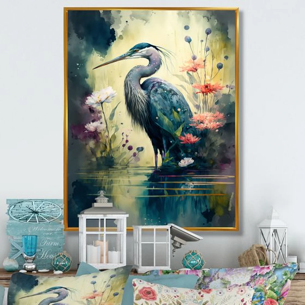 Cute Heron Floral Art I Wall