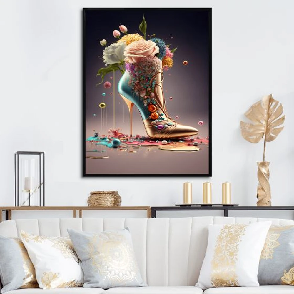 Gold Floral High Heel Shoes Wall Art