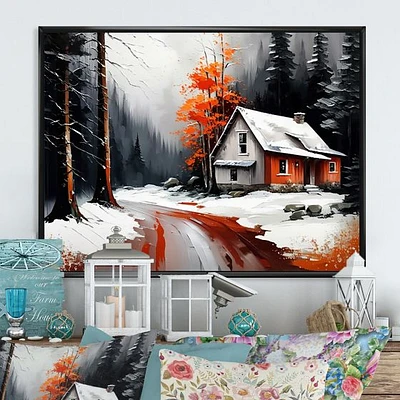 Monochrome Orange Cottage Winter IV Wall Art