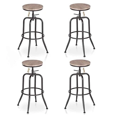 Set of 4 Rustic Oak Swivel Barstools Adjustable Height
