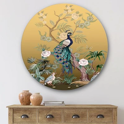 Chinoiserie with Birds and Peonies Round Metal Art