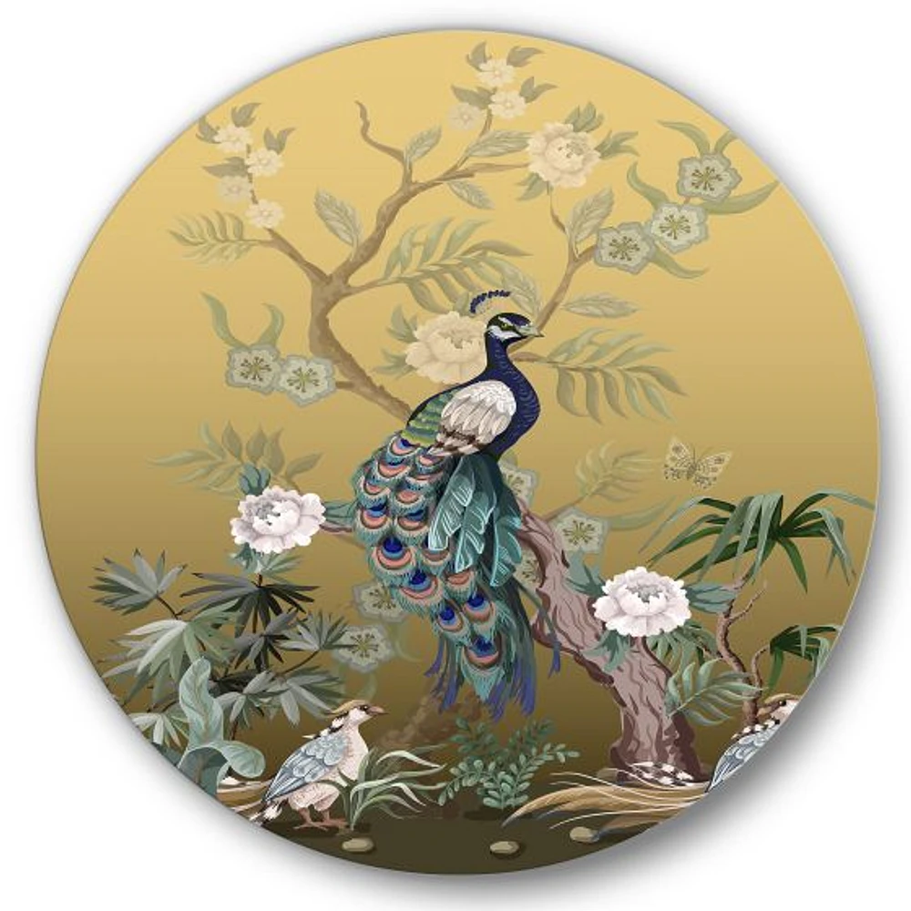 Chinoiserie with Birds and Peonies Round Metal Art