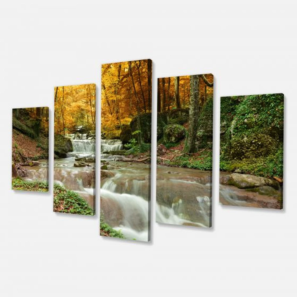 Forest Waterfall with Yellow Trees  Artwork Canvas Print