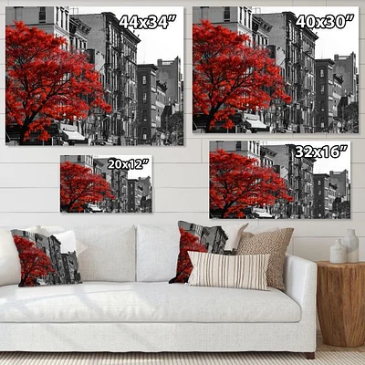 Red Tree on Black and White New York City Street  Canvas