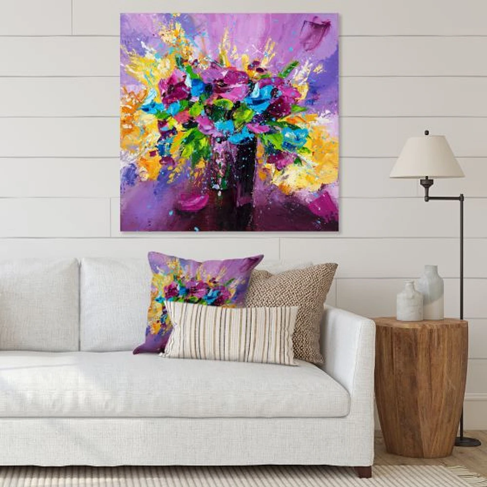 Bright Bouquet of Spring Flowers on Purple Background  Canvas Wall Art Print