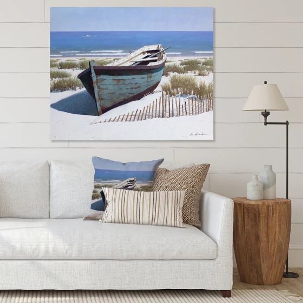 Blue Boat on Beach  Canvas Wall Art Print