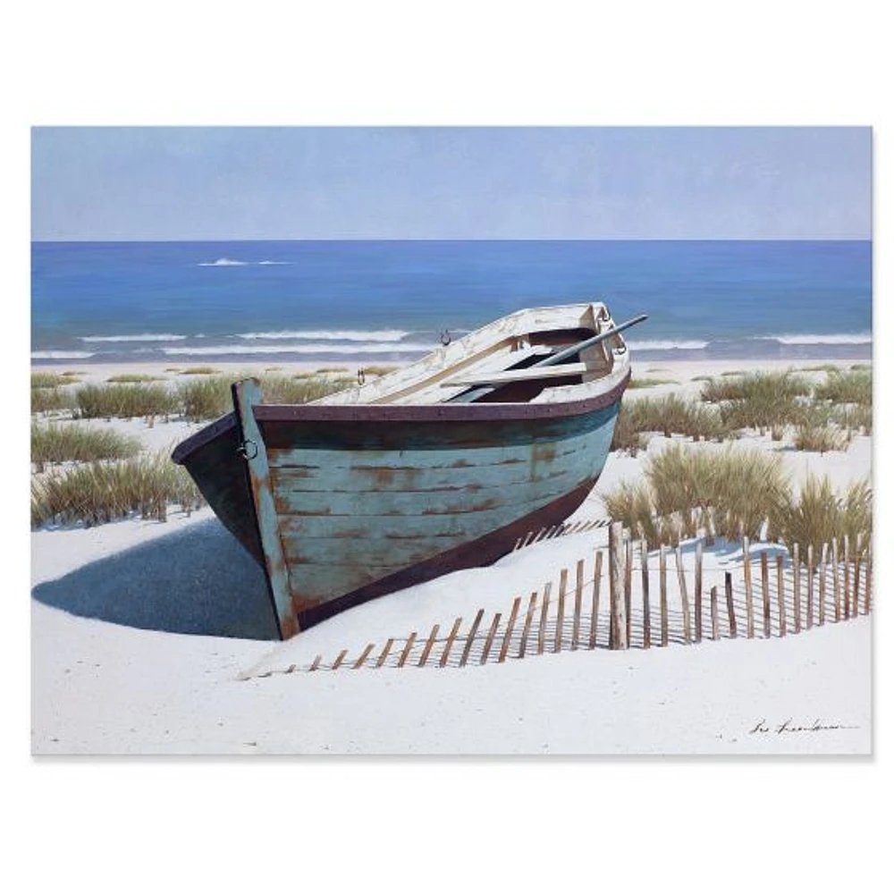 Blue Boat on Beach  Canvas Wall Art Print