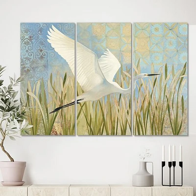 Snowy Egret Flight vII Canvas Wall Art - 3 Panels