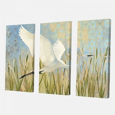 Snowy Egret Flight vII Canvas Wall Art - 3 Panels