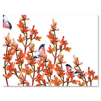 Flock of Bullfinches Birds on Orange Branches Wall Art