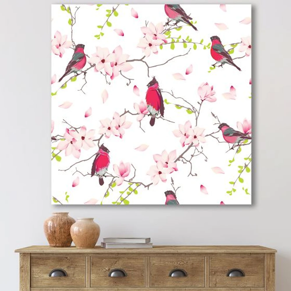 Toile « Red Bullfinches on Magnolia Tree