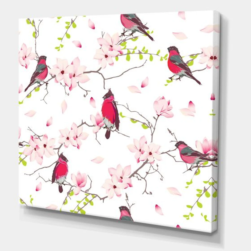 Toile « Red Bullfinches on Magnolia Tree