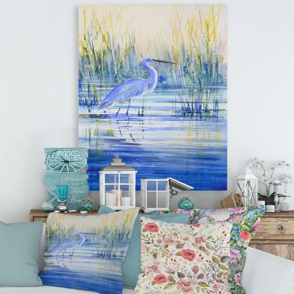 Blue Heron on The Lake Shore At Sunset  Canvas Wall Art Print