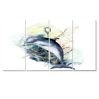 Dolphin Turtle Anchor & Linear Coral Reef Plants Canvas Rectangular Wall Art Print