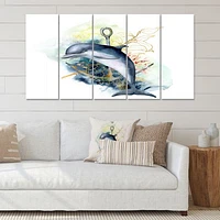 Dolphin Turtle Anchor & Linear Coral Reef Plants Canvas Rectangular Wall Art Print