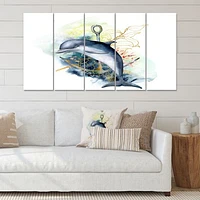 Dolphin Turtle Anchor & Linear Coral Reef Plants Canvas Rectangular Wall Art Print