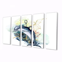 Dolphin Turtle Anchor & Linear Coral Reef Plants Canvas Rectangular Wall Art Print