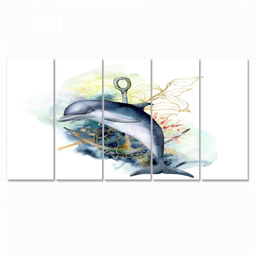 Dolphin Turtle Anchor & Linear Coral Reef Plants Canvas Rectangular Wall Art Print