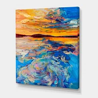 Orange Sunset Over Whirly Blue Waves  Canvas Wall Art Print