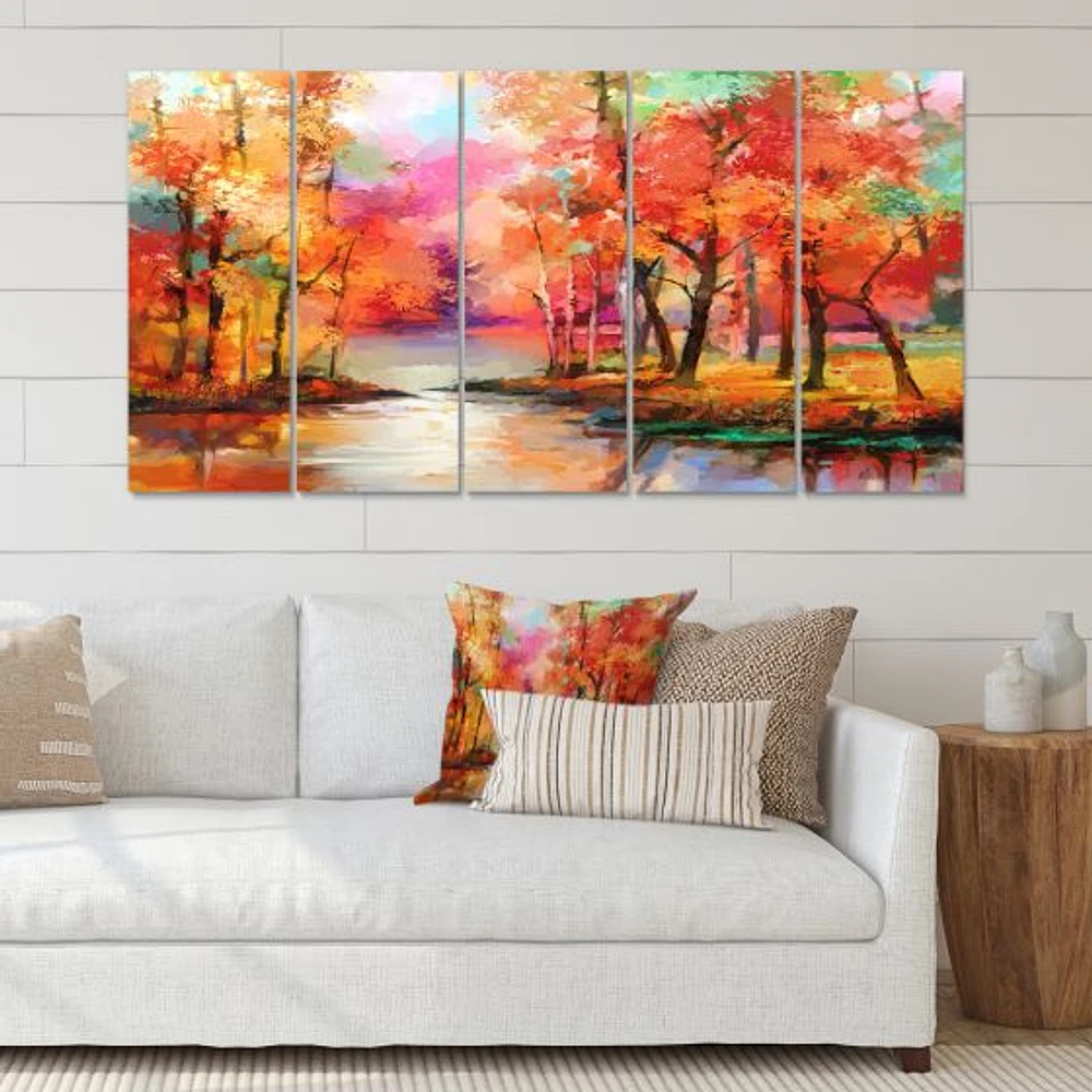 Colorful Autumn Trees by The Lake Canvas Wall Art Print