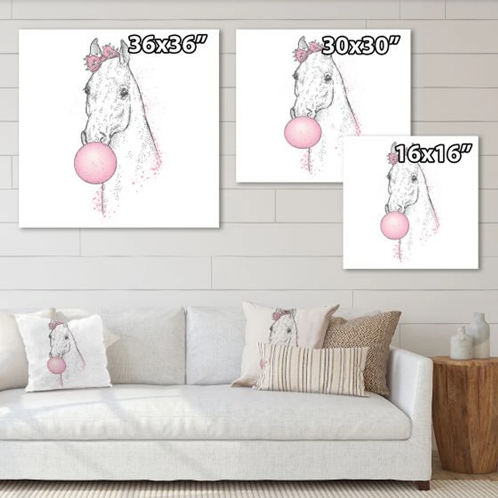 White Horse with Pink Bubble Gum  Canvas Wall Art Print